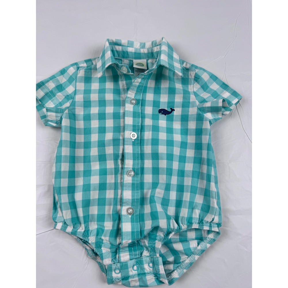 Little‎ Me Baby Boy Teal Gingham Whale Bodysuit Short Sleeve Button Down 9M